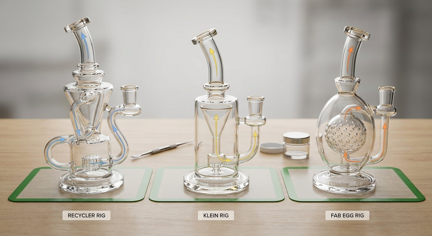 Side-by-side photo of a recycler, Klein, and fab egg rig with labeled airflow paths