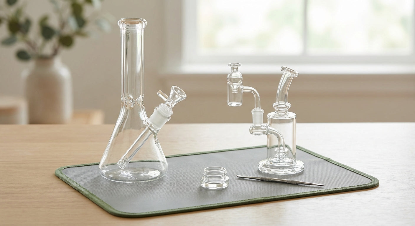 Side-by-side of a classic glass bong and a compact dab rig sitting on a silicone dab pad