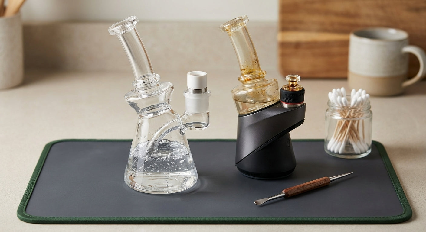 Close up of a clean electric dab rig with clear water on a silicone dab mat next to a dirty rig