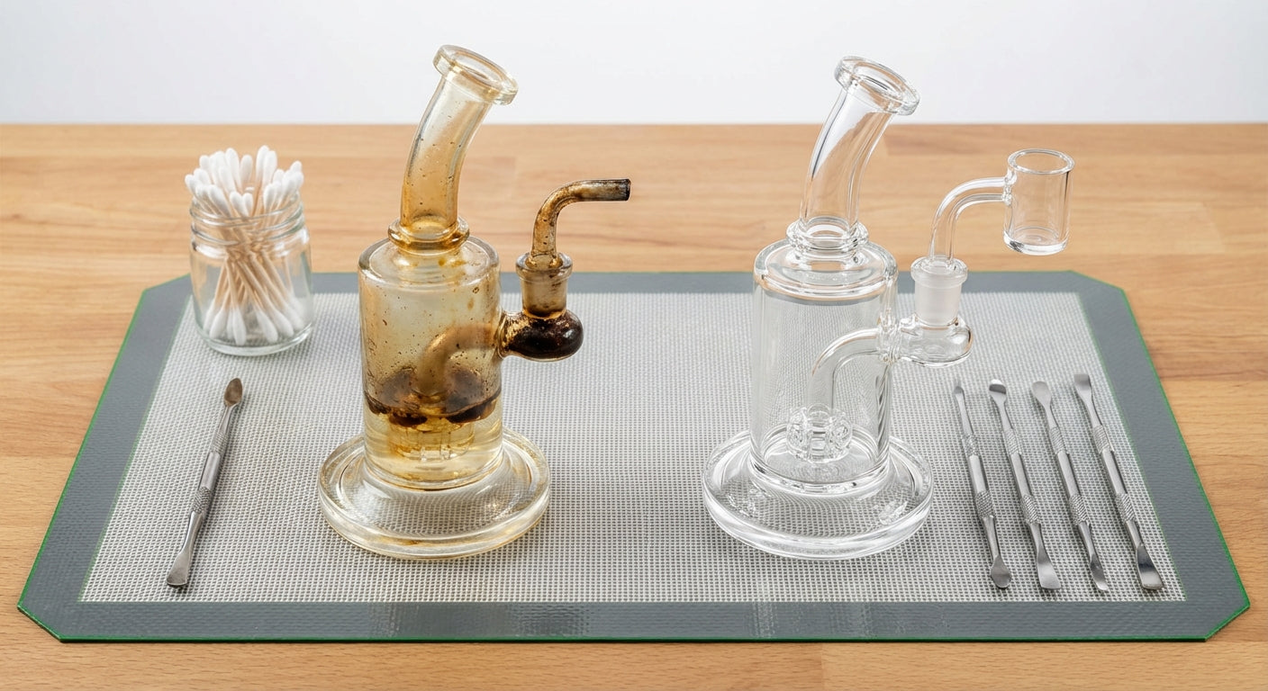 Super dirty dab rig next to the same rig sparkling clean, on a silicone dab mat with tools laid out