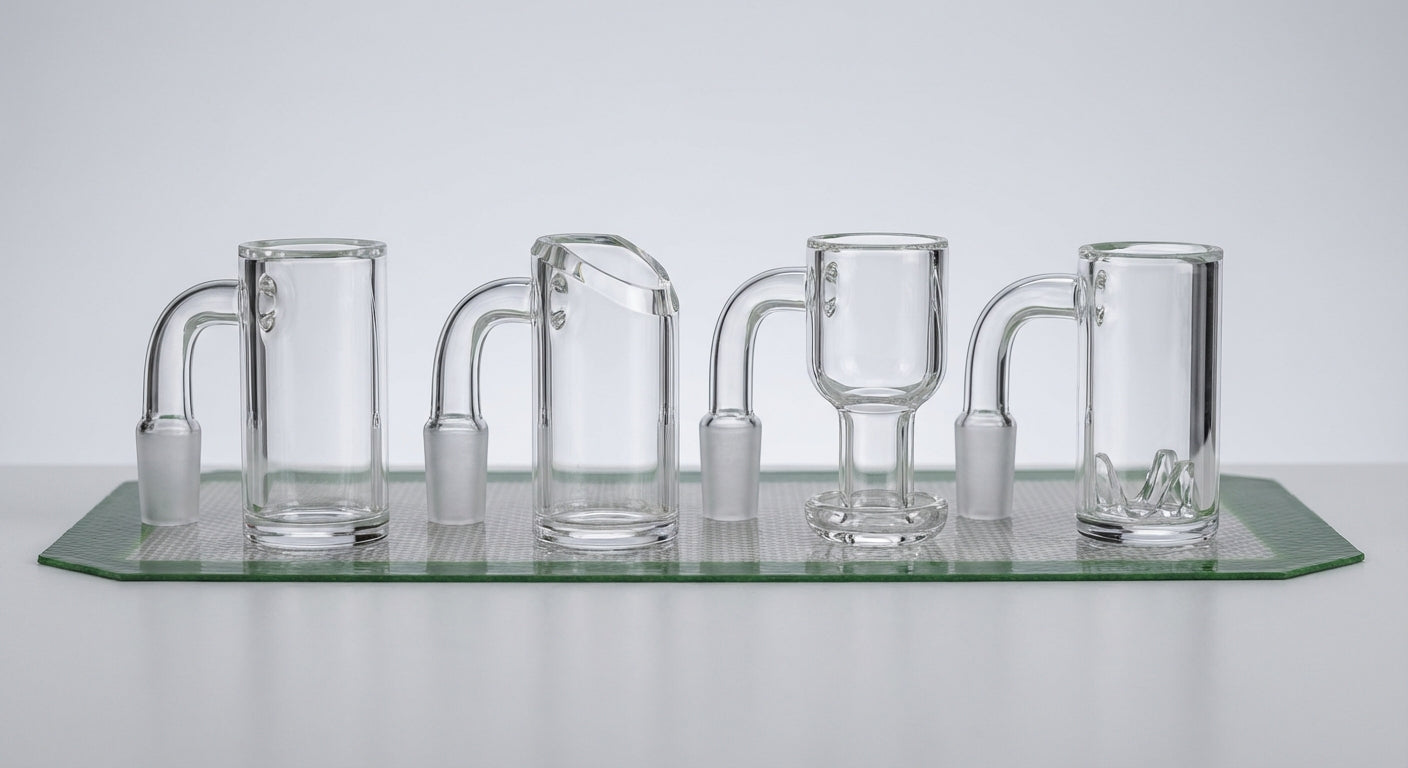 Close-up lineup of flat-top, beveled, slurper, and blender quartz bangers on a silicone mat
