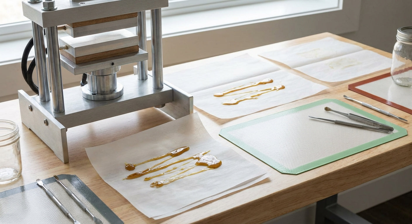 Several sheets of parchment paper laid out next to a rosin press with golden rosin yields visible on the paper