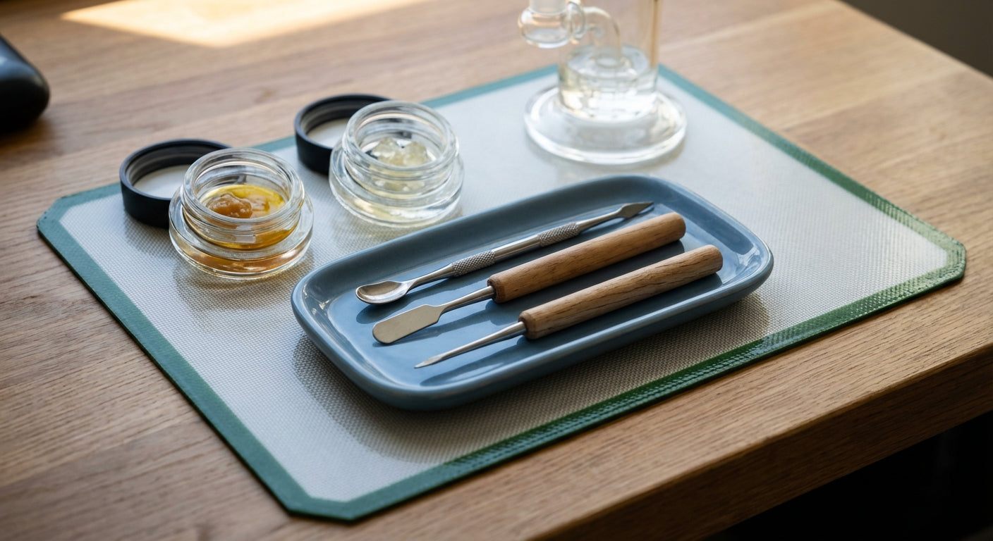 A tidy dab station with a silicone dab mat, dab tray, jars of rosin and live resin, and three dab tools labeled scoop...
