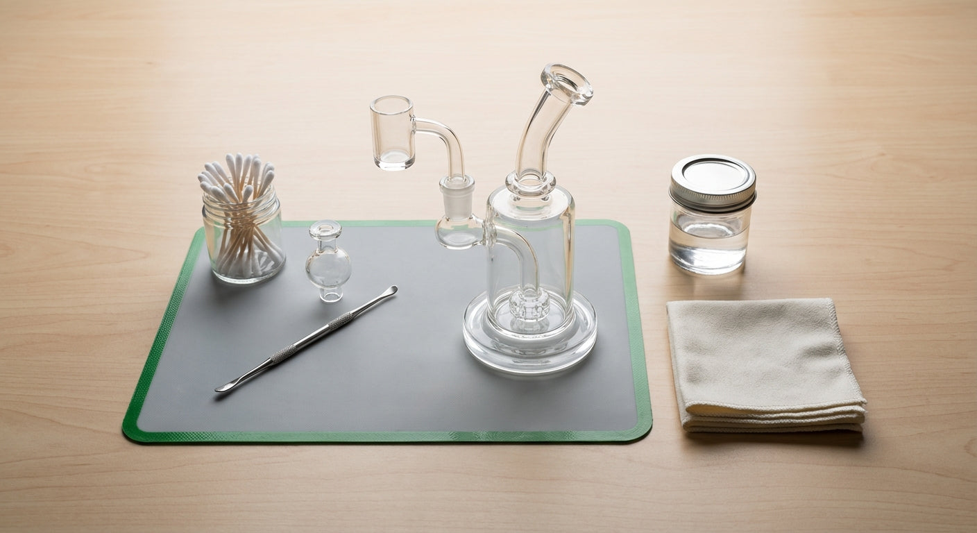 Overhead shot of a clean dab station with rig, silicone dab mat, tools, and Q-tips neatly arranged