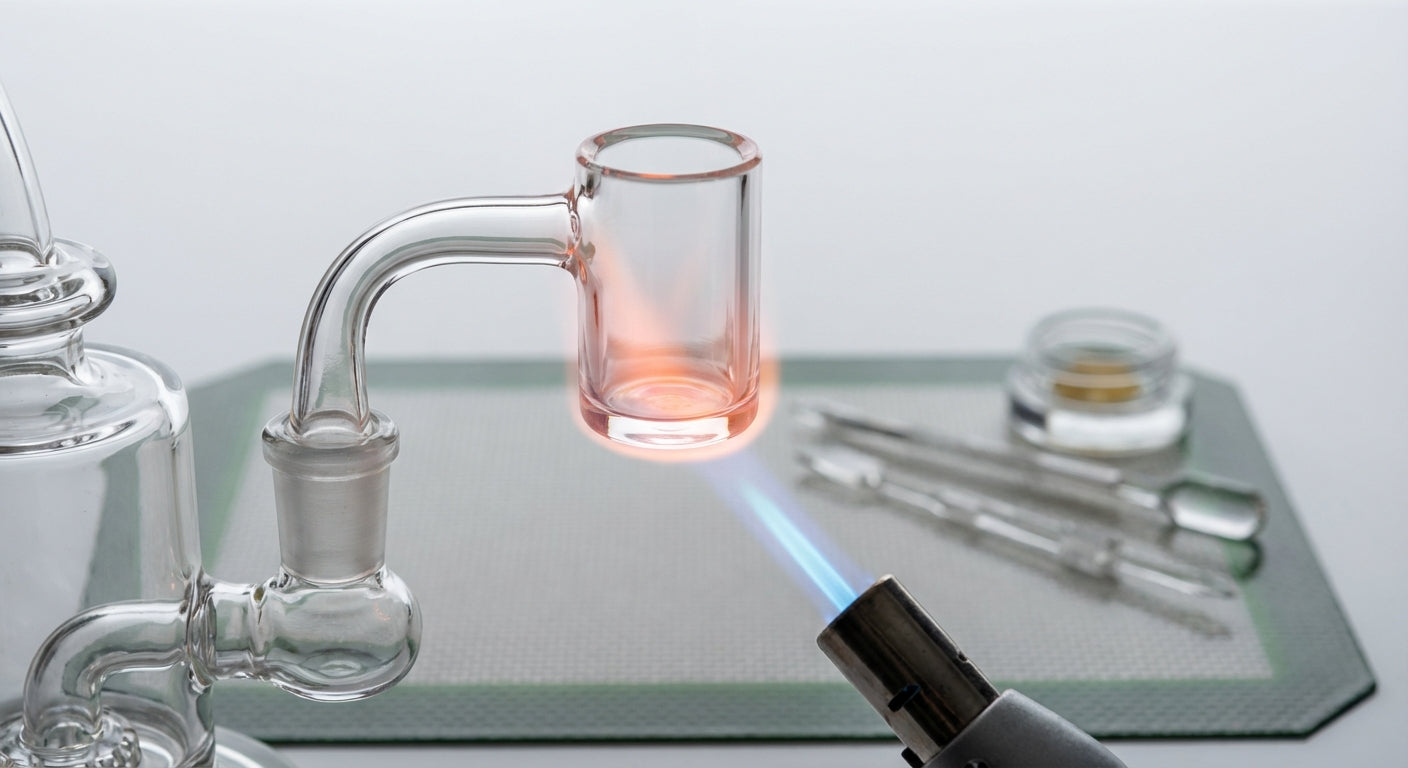 Close-up of a quartz banger being heated with a small jet flame,  the flame aimed at the bottom and lower walls