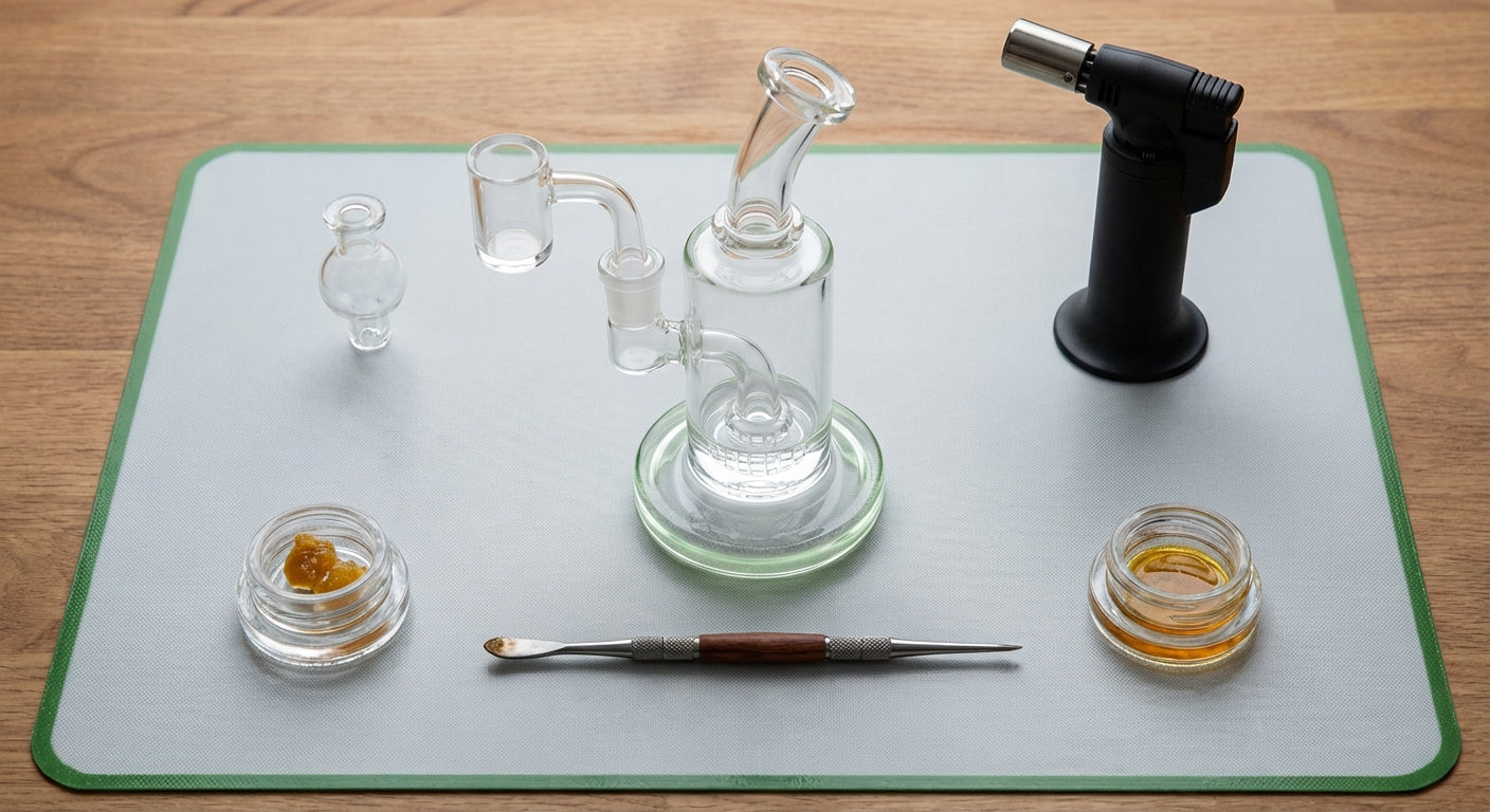 Overhead shot of a simple beginner dab rig setup on a silicone dab pad, with torch, carb cap, dab tool, and small jar...