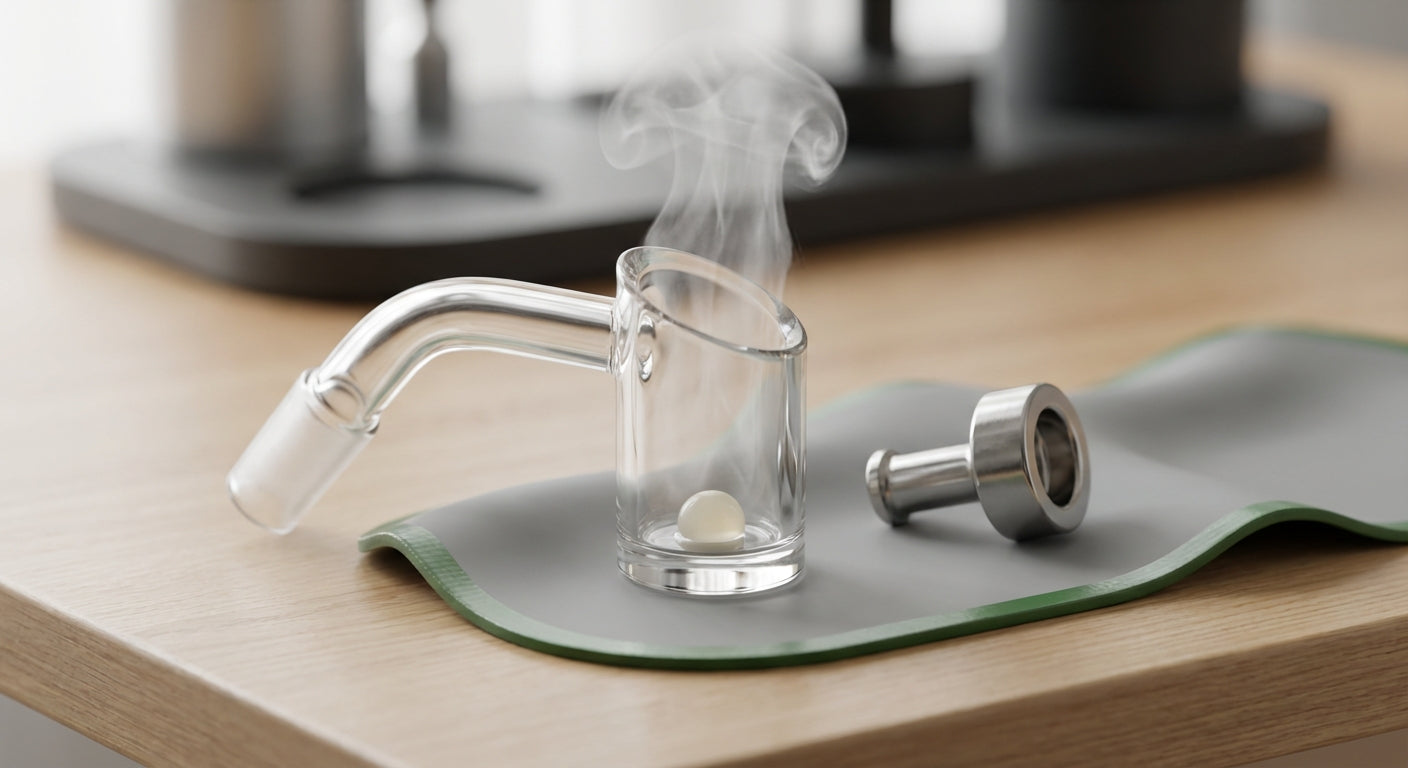 Macro shot of a quartz banger with a milky low-temp dab in progress