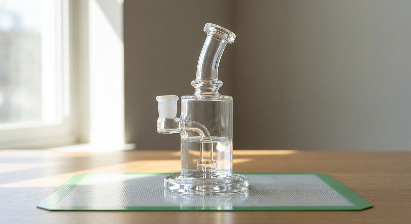 Close-up of a clean dab rig with clear water on a silicone dab mat, sunlight coming through the glass