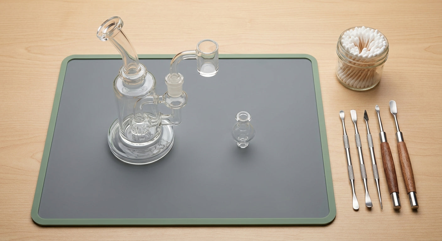 Overhead shot of a clean dab station with a silicone dab mat, rig, tools, and Q-tips neatly arranged