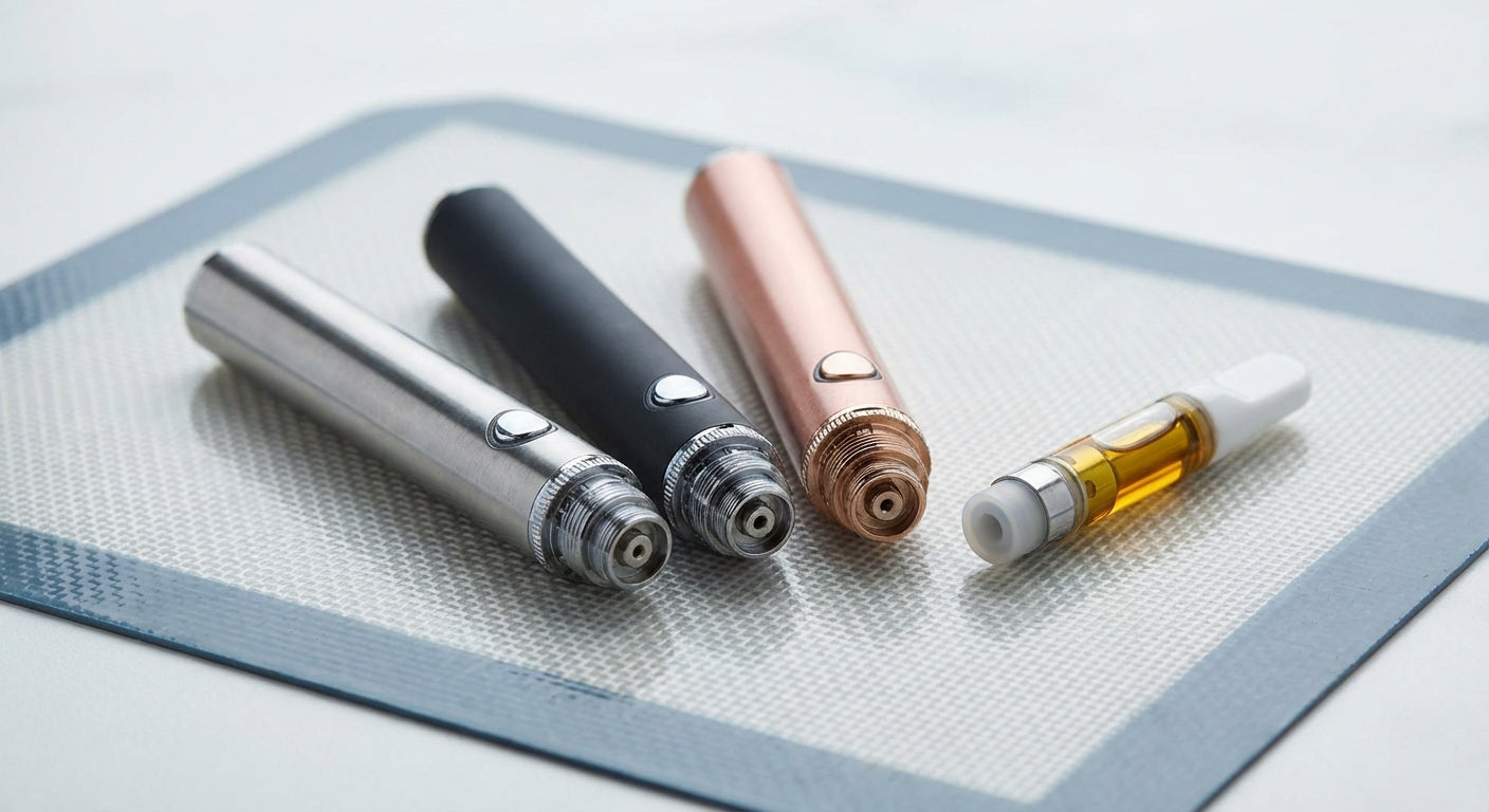 Close-up of several 510 cart batteries with voltage dials and a filled cartridge on a silicone dab mat