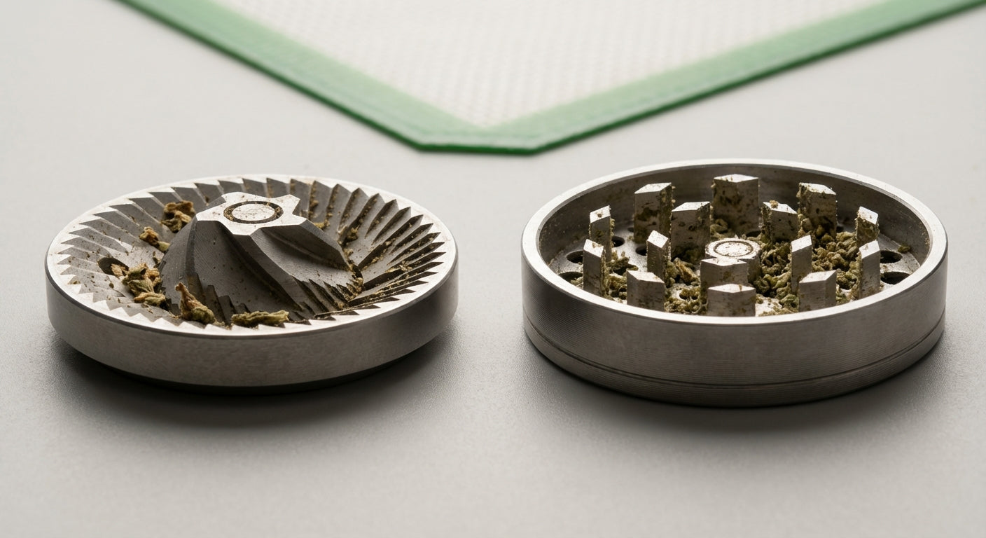 Close-up macro shot of burr-style vs sharp-tooth grinder plates with ground flower textures side by side