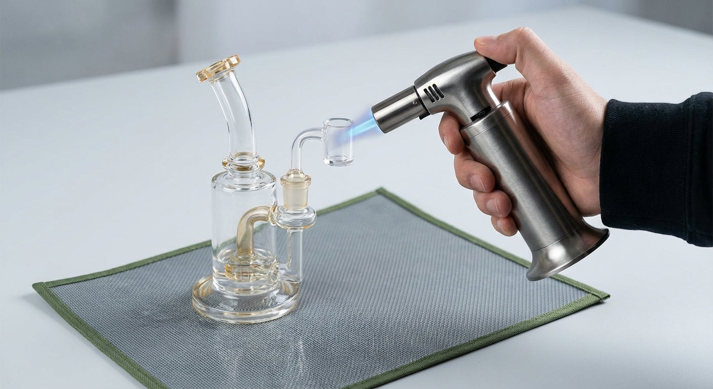 Close-up of a butane dab torch heating a quartz banger on a dab rig, sitting on a silicone dab mat