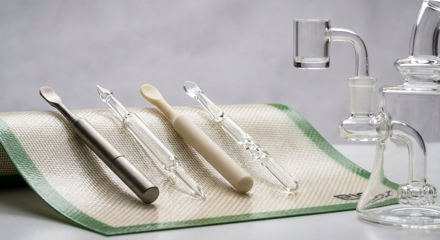 Close-up lineup of four dab tools, titanium, quartz, ceramic, and glass, on a silicone dab mat next to a rig