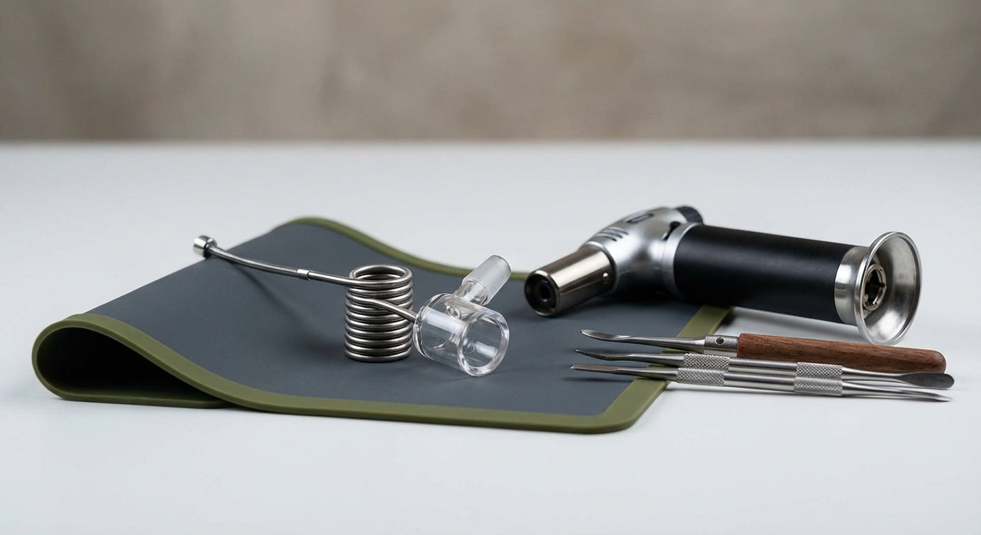 Close-up of an e-nail coil on a quartz banger next to a butane torch and dab tools on a silicone dab mat