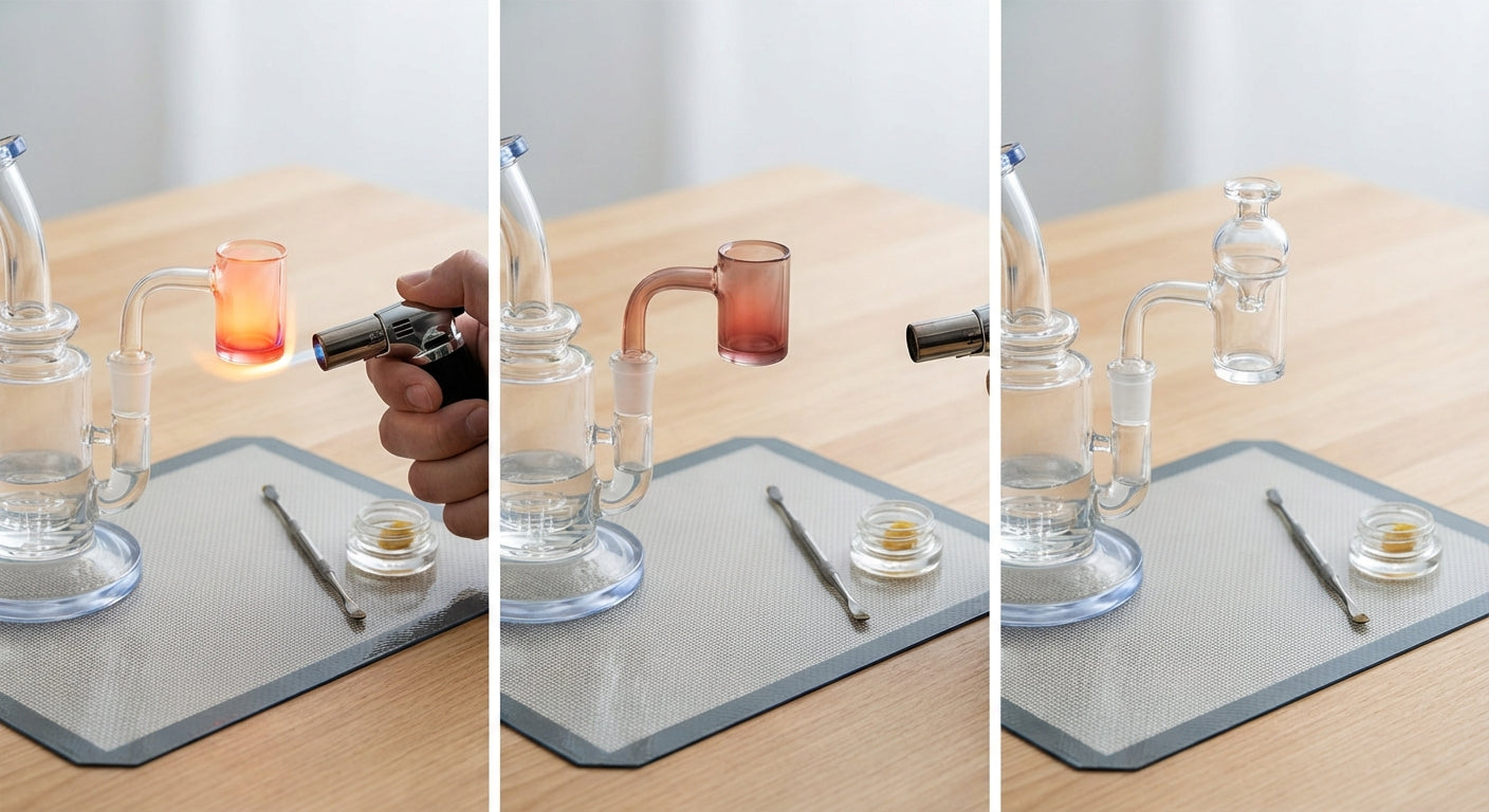 A quartz banger being heated with a torch,  the glow fading as it cools to dabbing temperature