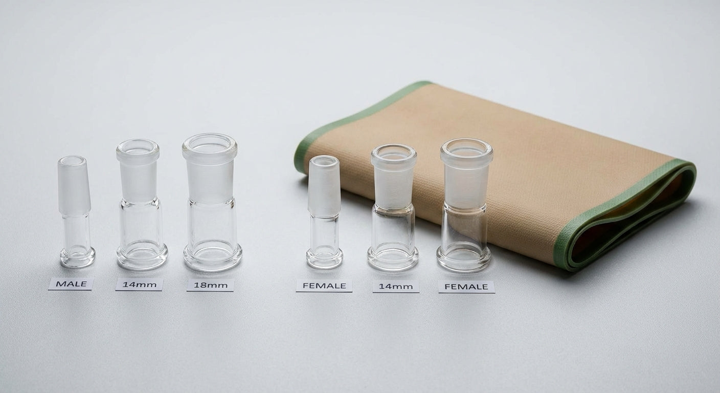 Close-up photo of 10mm, 14mm, and 18mm glass joints labeled male/female