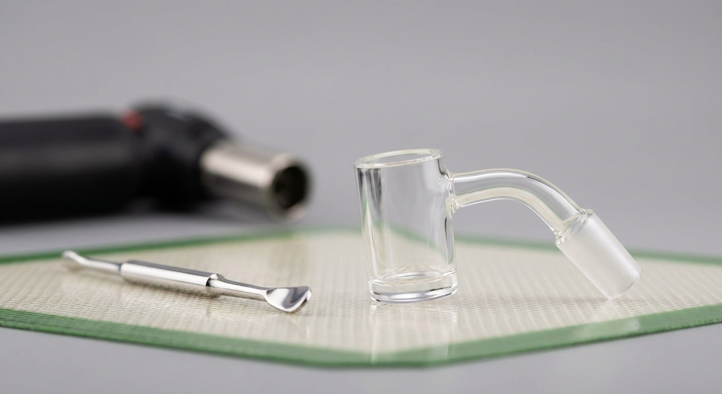 Close-up of a clean quartz banger and dab tool on a silicone dab mat with a torch in the background