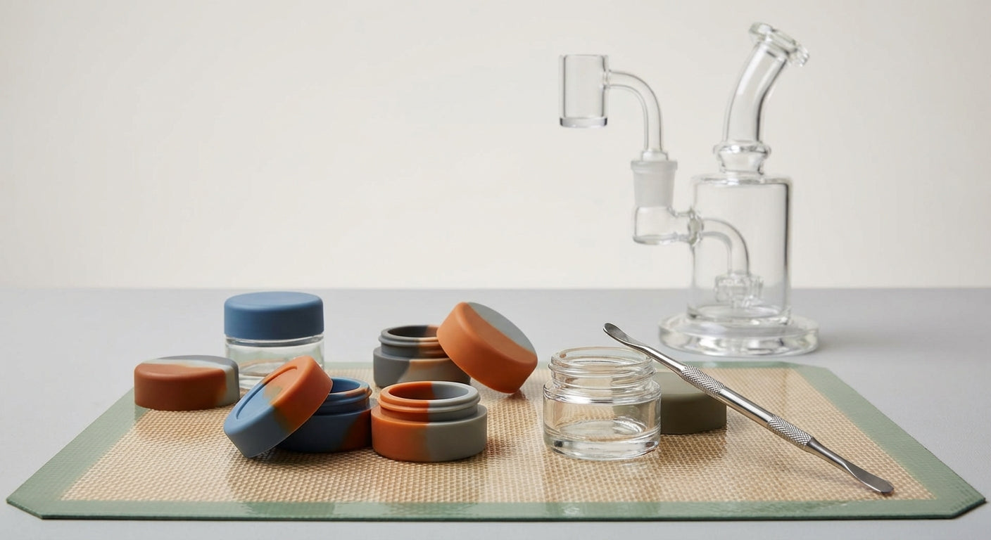 Close-up shot of silicone and glass dab containers on a colorful silicone mat with a rig in the background