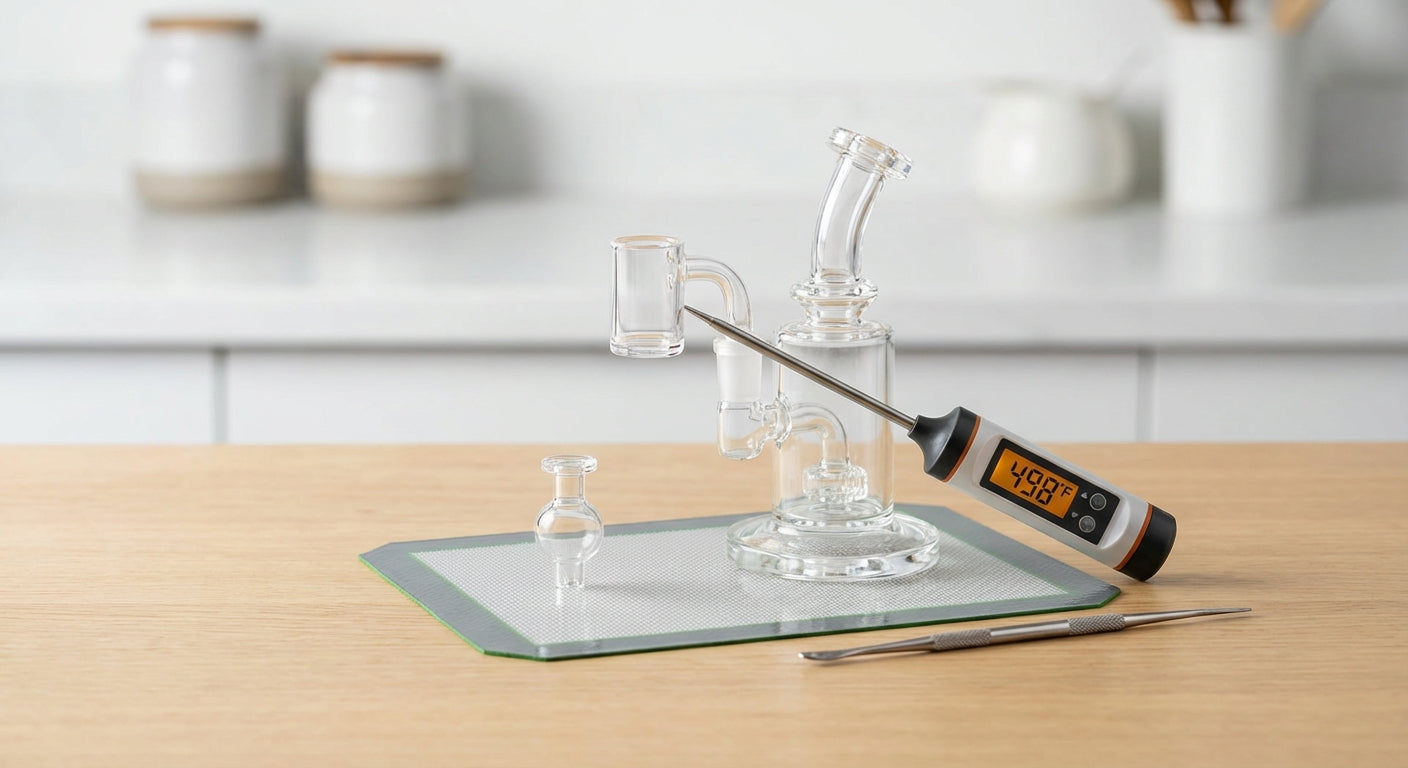 closeup of a quartz banger with a digital thermometer reading around 500°F