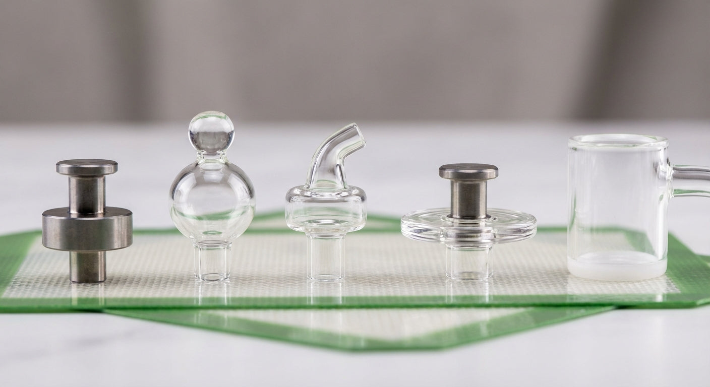 Close-up lineup of different carb cap styles on a silicone dab mat next to a quartz banger