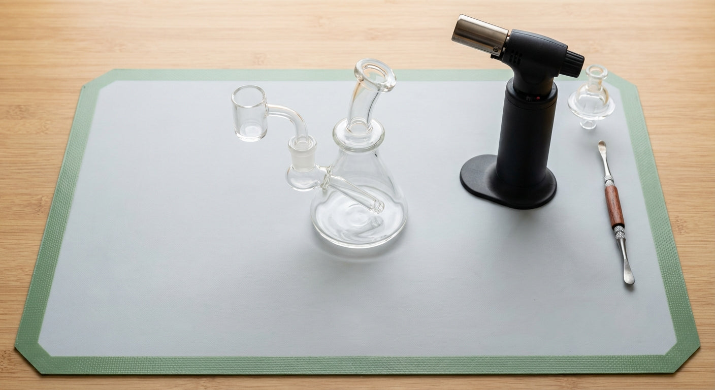 Overhead shot of a simple beginner dab rig setup on a silicone dab mat, with torch, carb cap, and dab tool neatly lai...