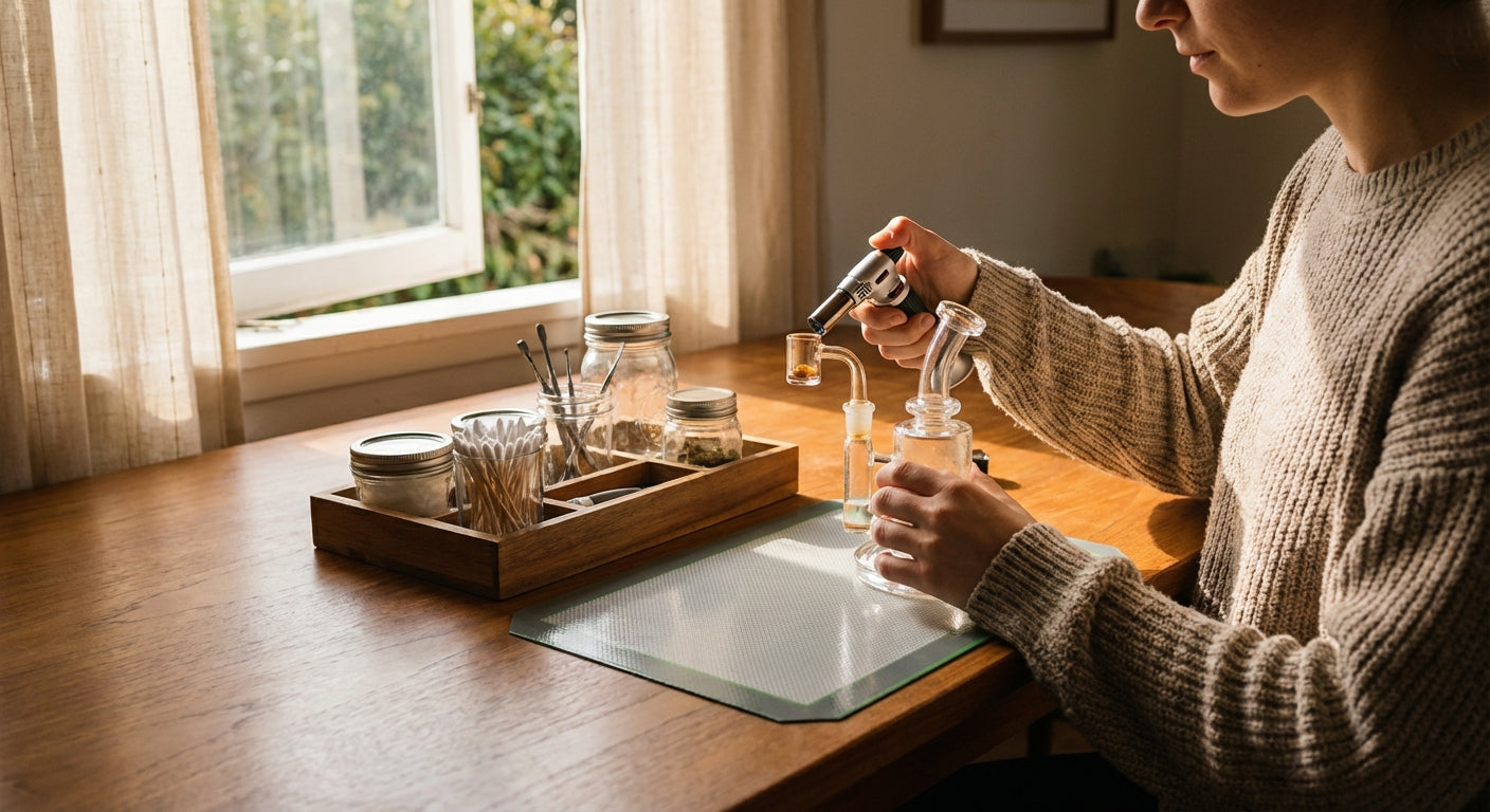 Person dabbing at a clean, organized dab station with a silicone dab mat and torch, window slightly open