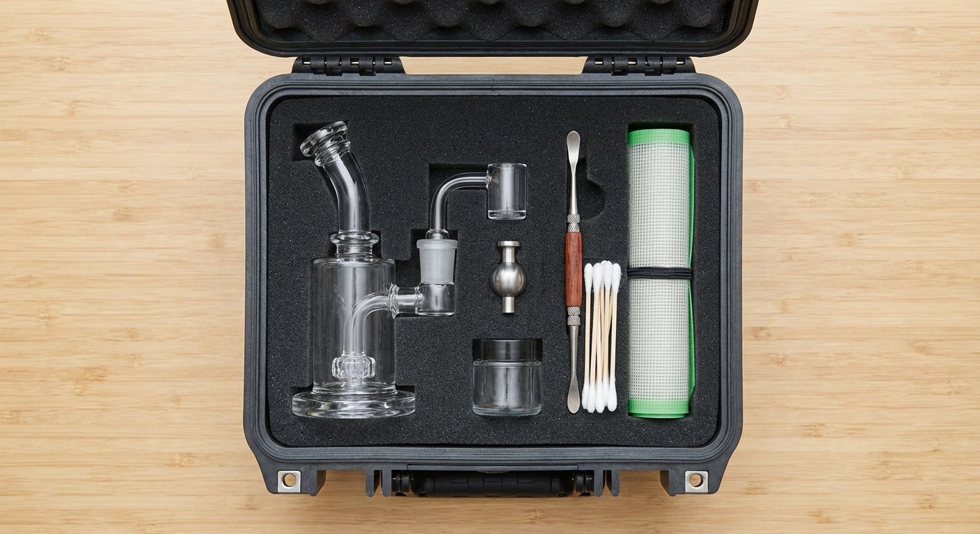 Flat lay of a neatly organized travel dab kit in a hard case