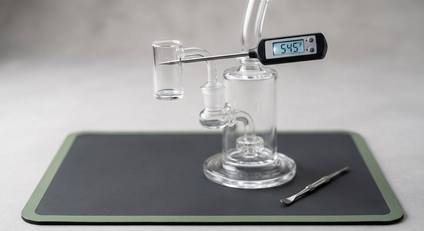 Close-up of a quartz banger on a glass dab rig with a digital thermometer reading in the 500°F range