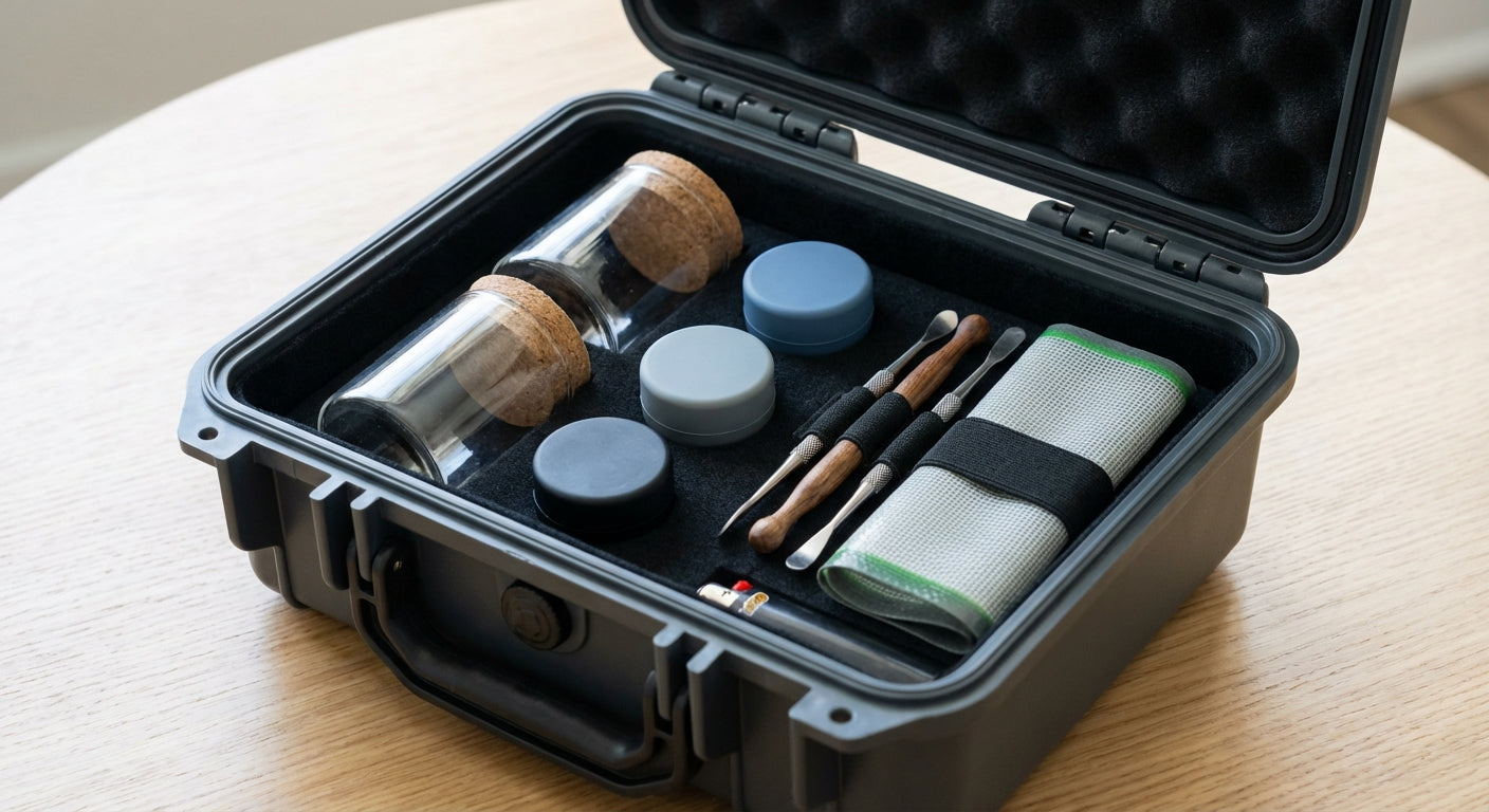 A neatly organized odor-proof cannabis travel case with flower jars, concentrate containers, dab tools, and a folded ...