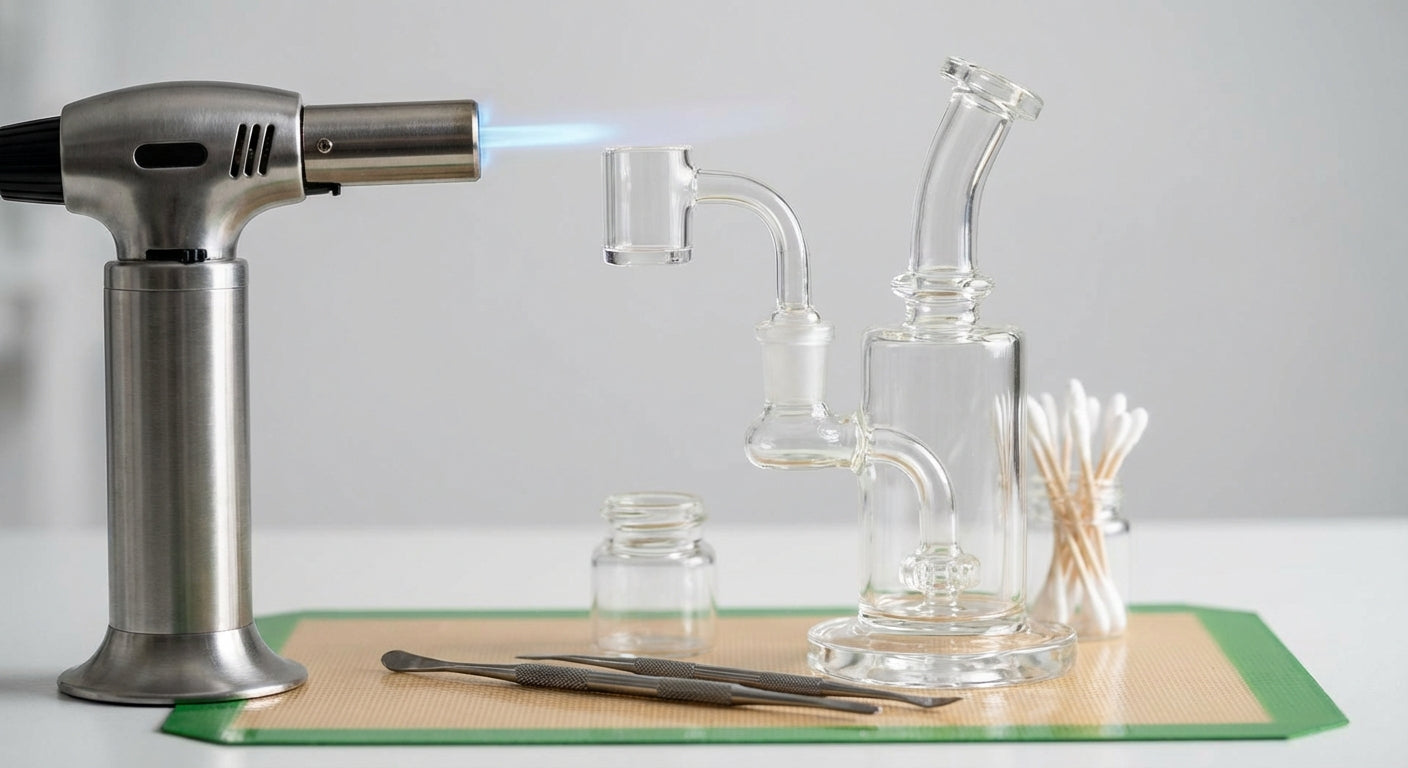 Close-up of a dab torch heating a quartz banger on a dab rig, with a silicone dab mat and tools neatly arranged under...