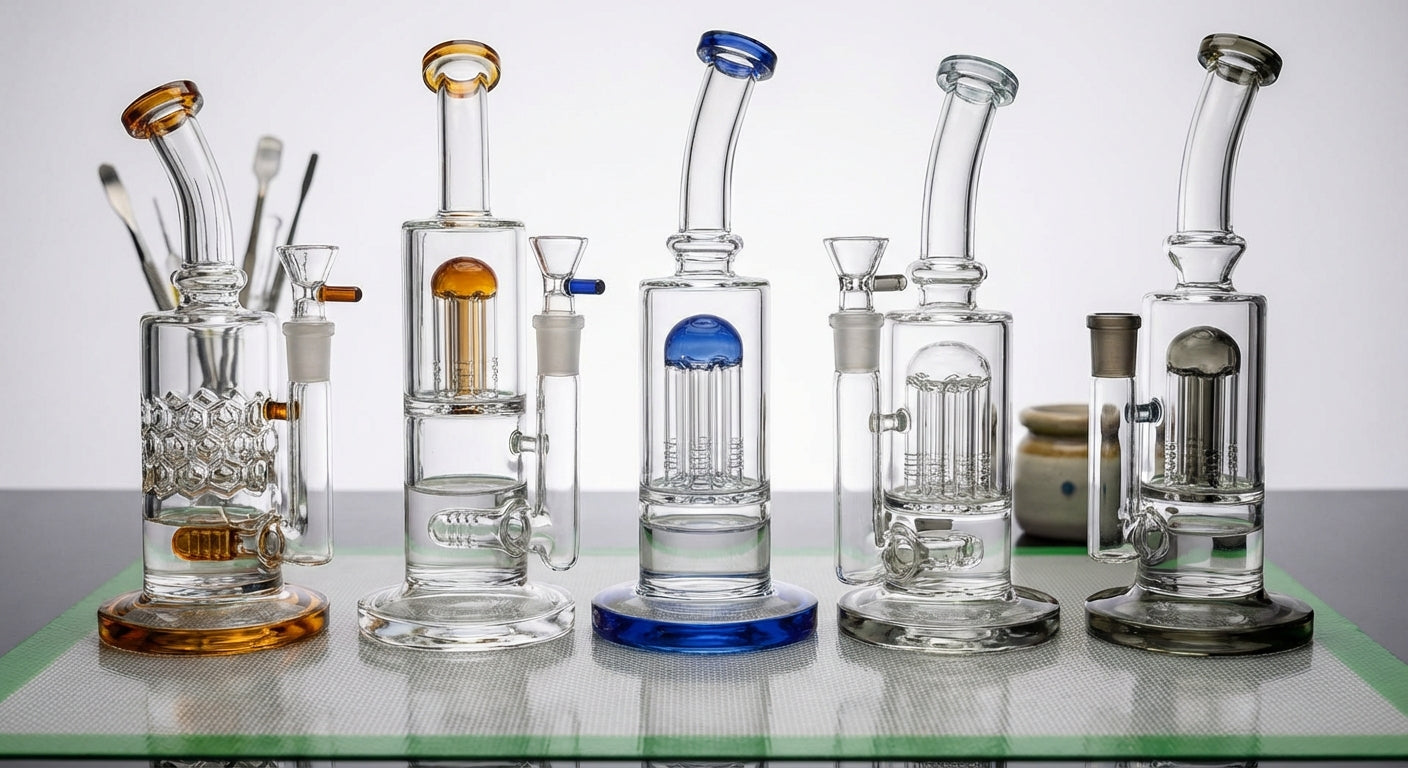 Close-up lineup of different percolator styles in clear glass bongs and dab rigs