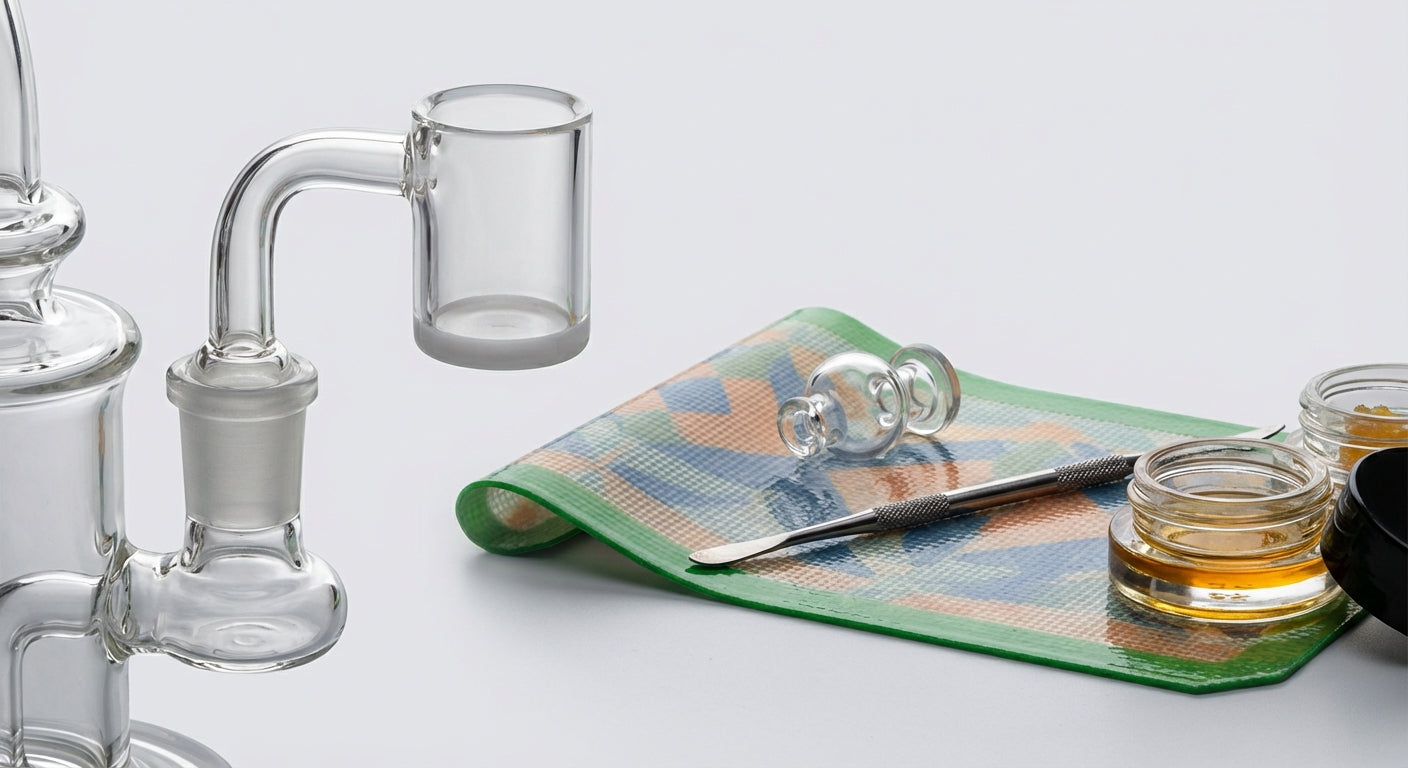 Close-up of a glass banger on a rig next to a colorful silicone dab pad with tools and concentrates laid out