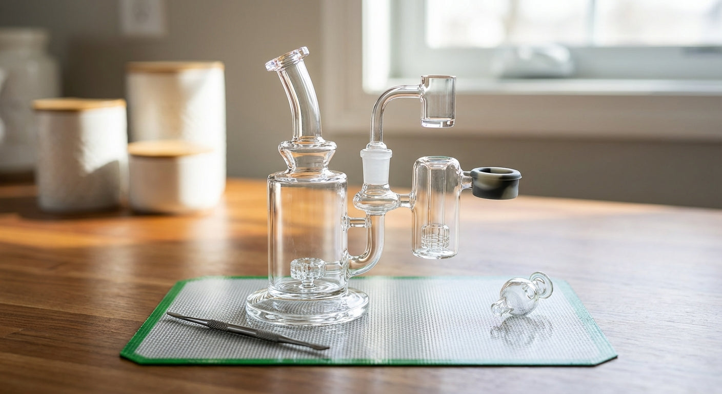 A dab rig setup  a reclaim catcher between banger and rig