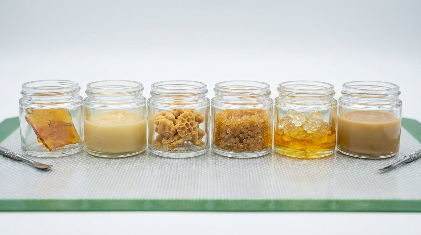 Close-up lineup of concentrate textures in jars: shatter slab, budder/badder, crumble, sugar, live resin sauce with d...