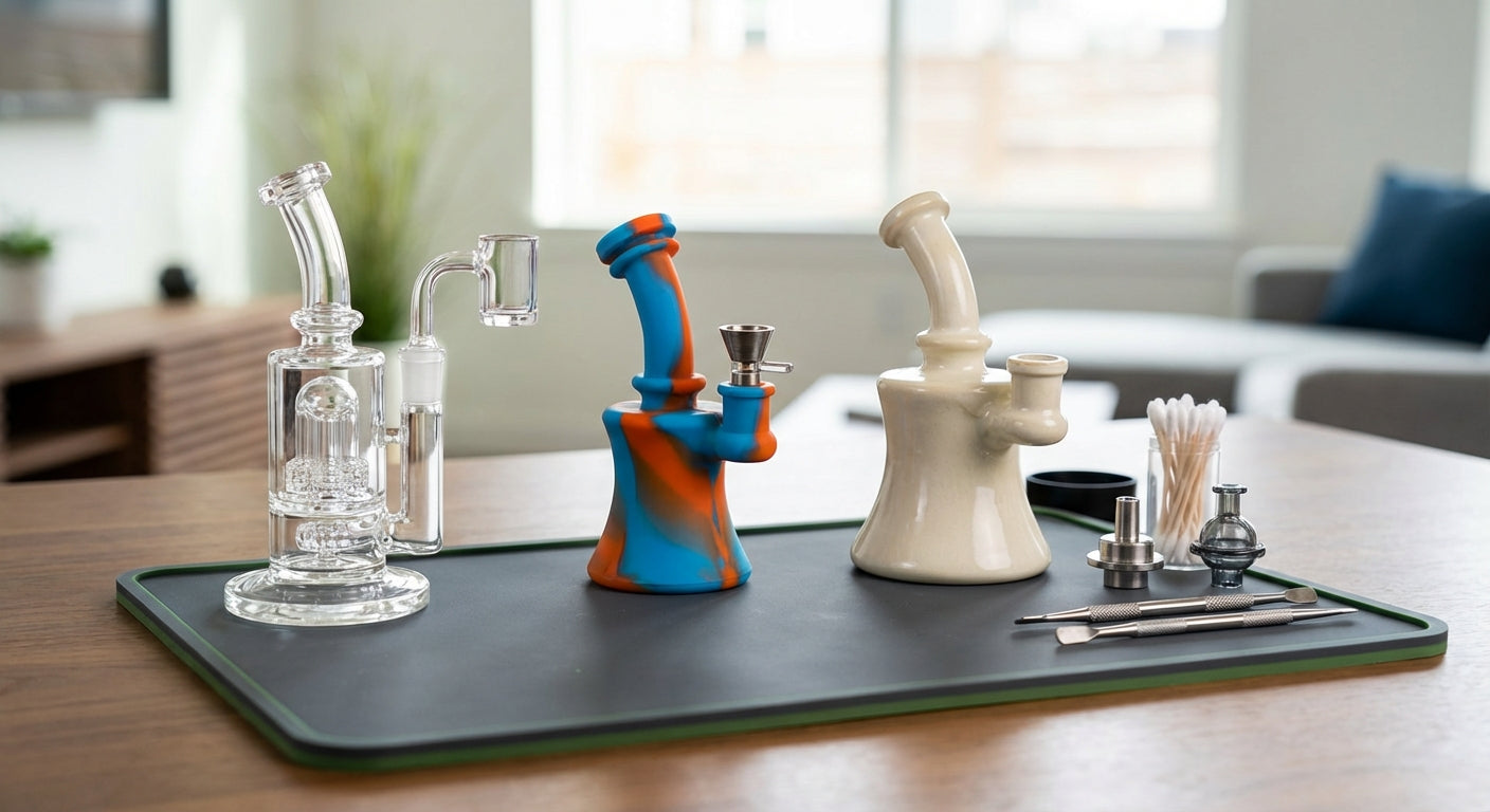 Three dab rigs side by side, one glass, one silicone, one ceramic, on a dab pad with tools laid out