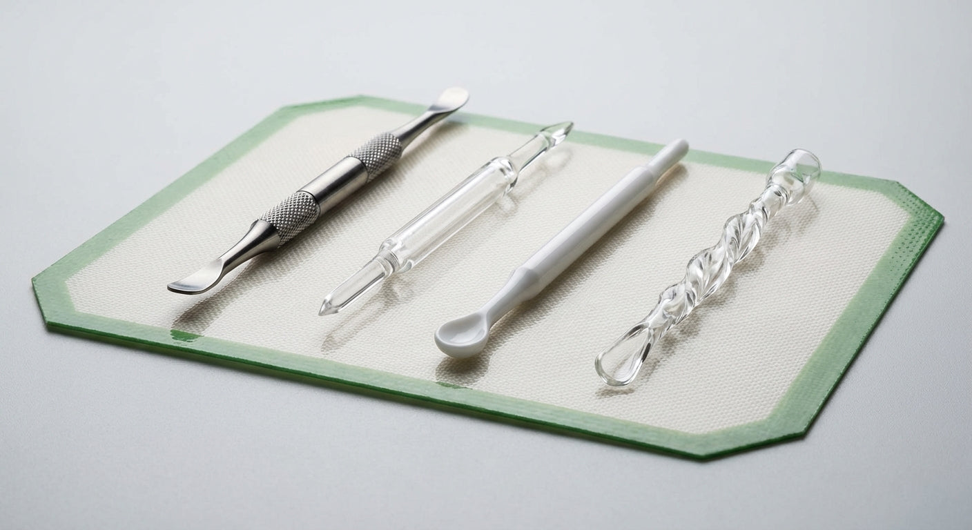 Close-up lineup of titanium, quartz, ceramic, and glass dab tools on a silicone dab mat