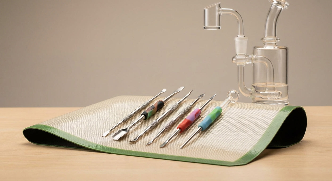 Close-up of several dab tools on a silicone dab mat next to a rig