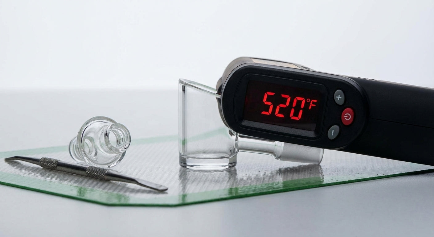 Close-up of a quartz banger with an IR thermometer  520°F