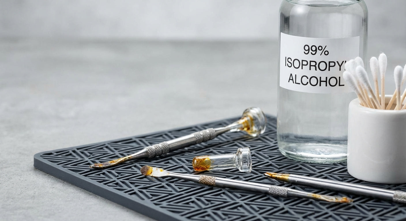 Close-up of dirty dab tools on a silicone dab mat next to isopropyl alcohol and cotton swabs