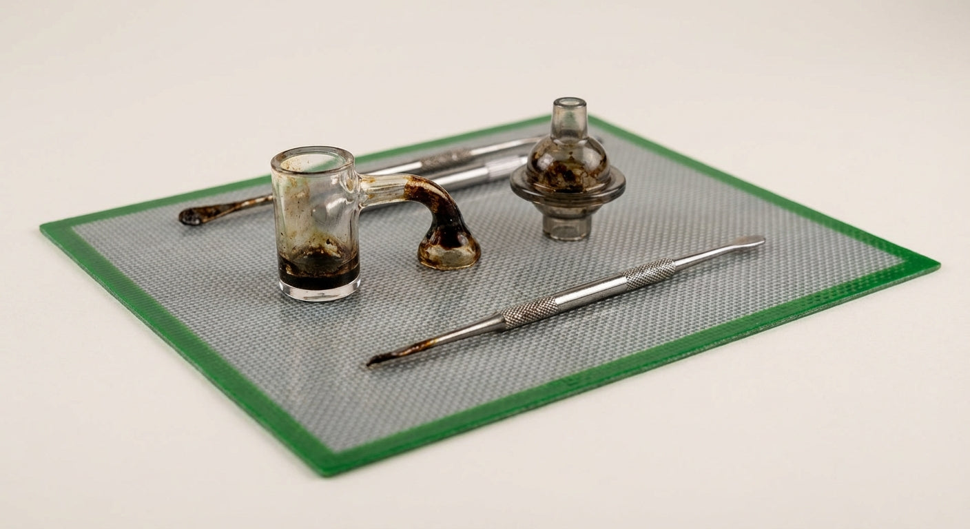 Close-up of dirty dab tools on a silicone dab mat before cleaning