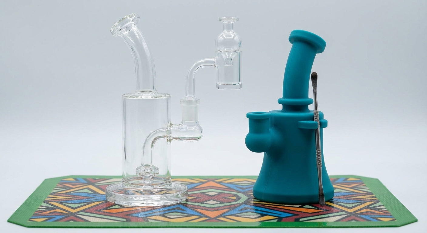 Close-up of a glass dab rig next to a silicone rig on a colorful dab pad