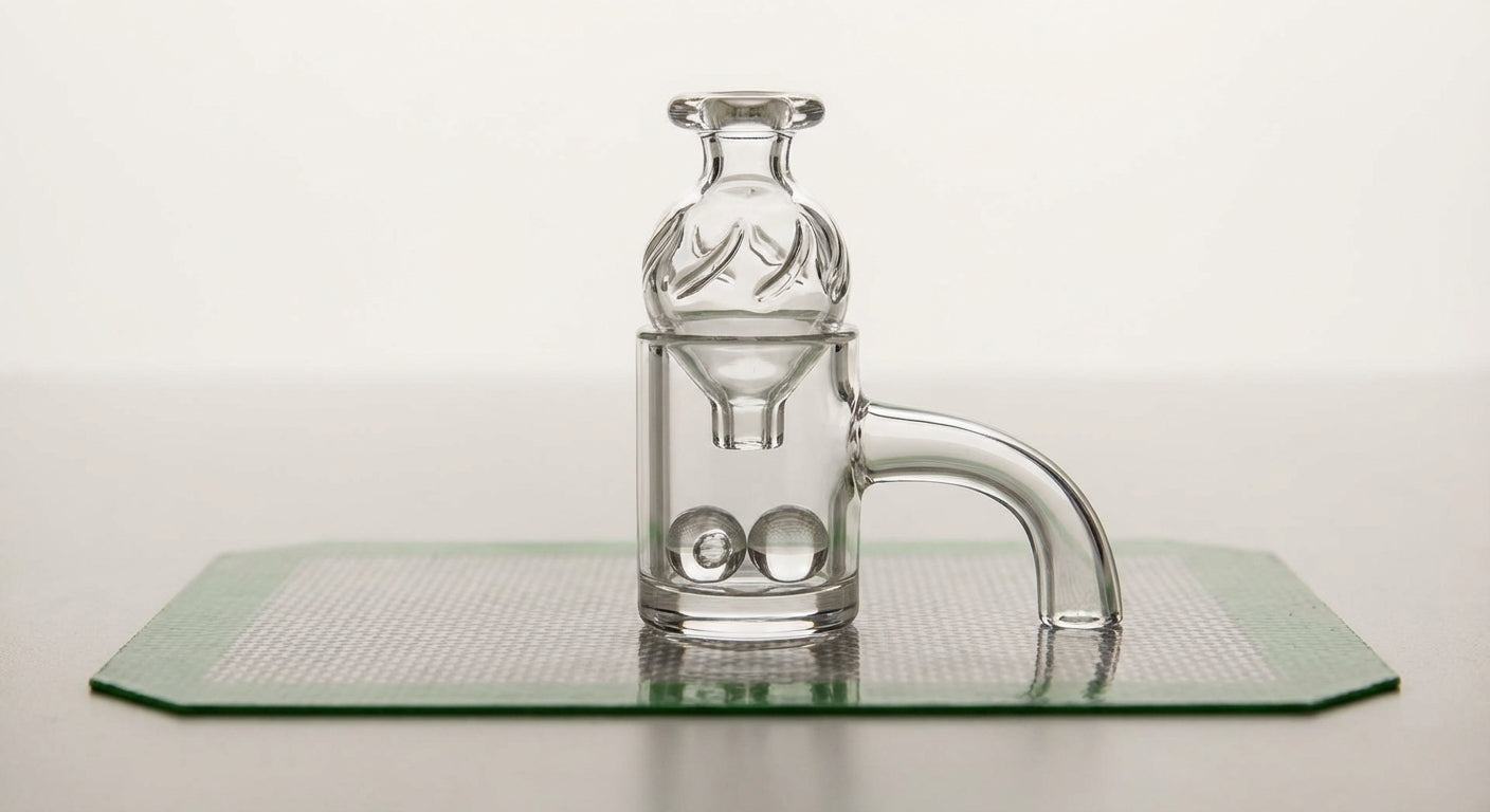 Close-up of terp pearls inside a quartz banger with a spinner carb cap