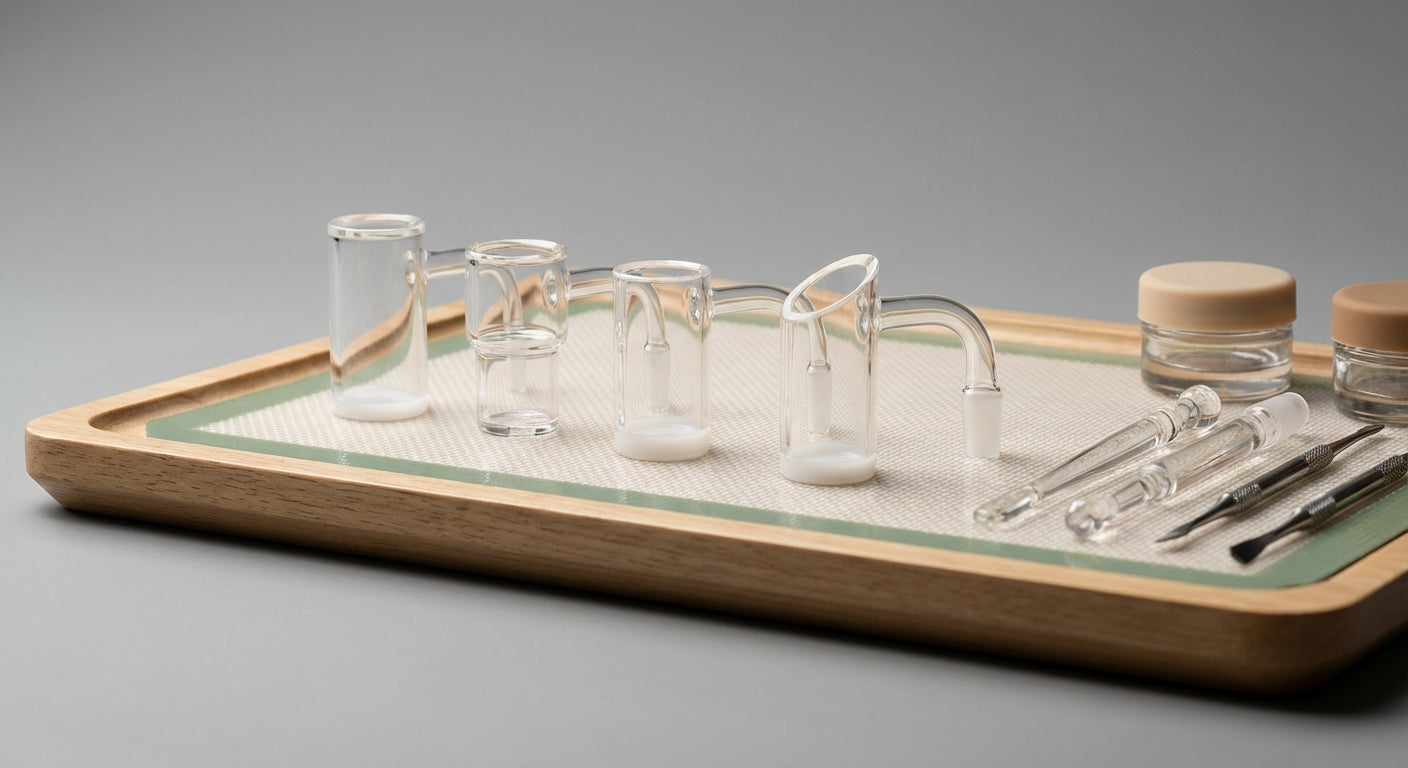 Close-up lineup of different quartz banger shapes and thicknesses on a dab tray