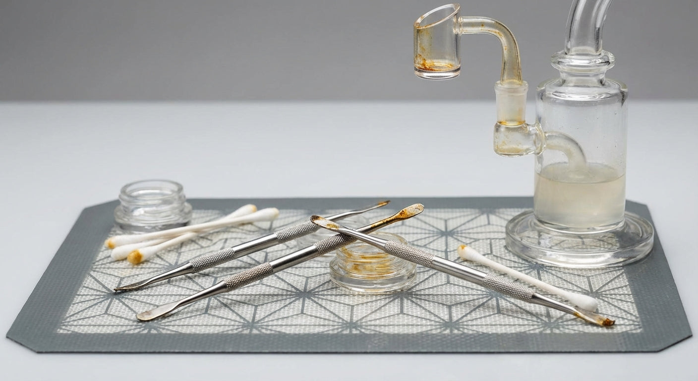 Close-up of dirty dab tools scattered on a silicone dab mat next to a sticky dab rig