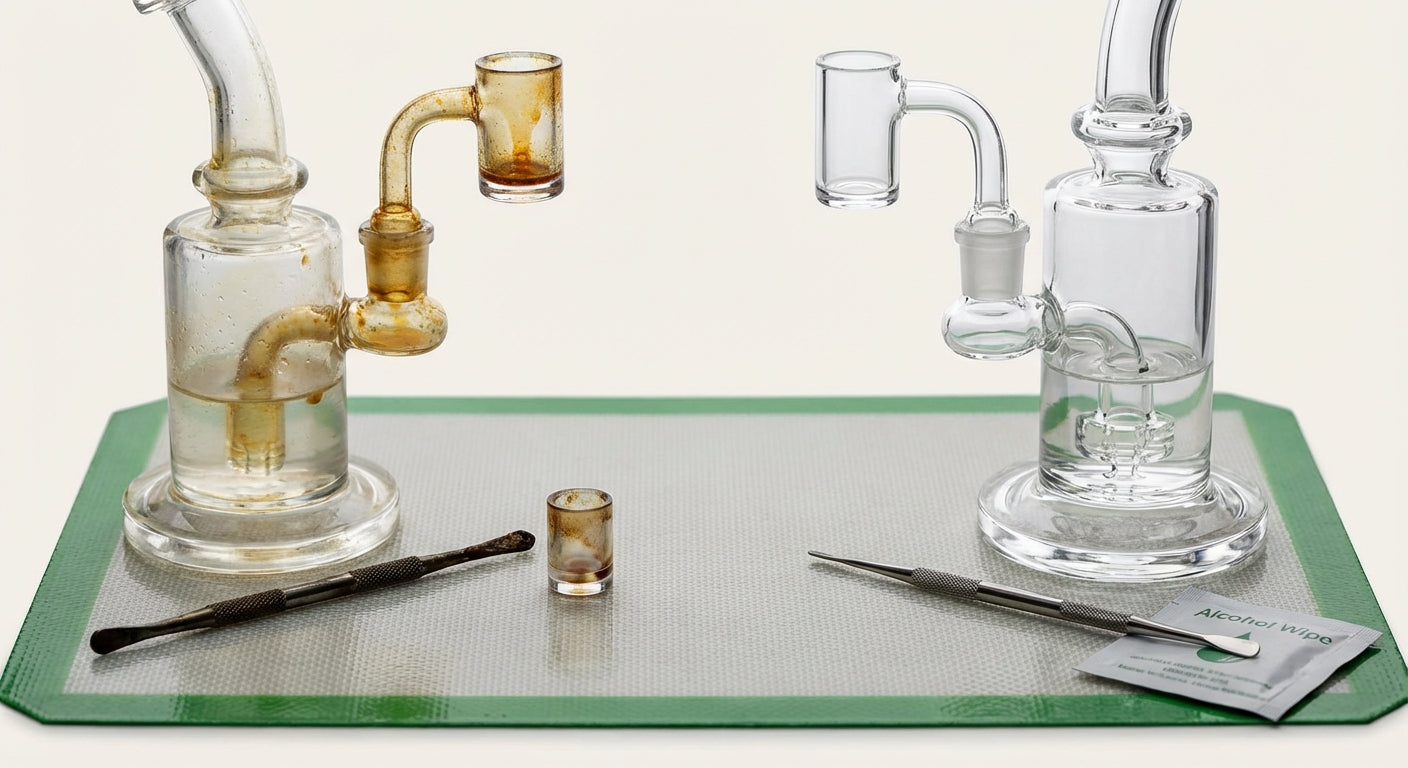 Close-up of a dirty vs clean dab rig and tools on a silicone dab mat