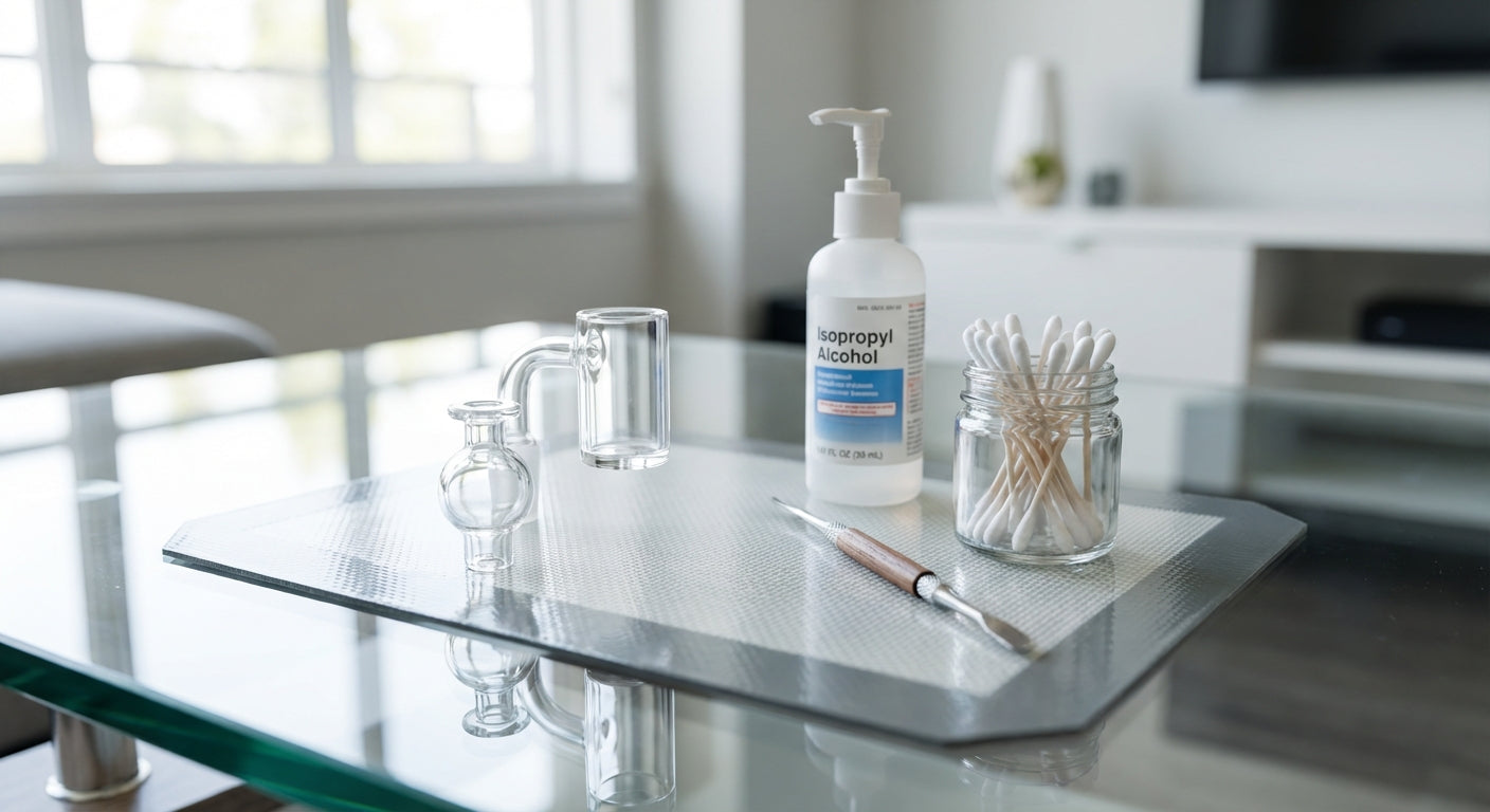 A clean dab station with a quartz banger, carb cap, dab tool, ISO/Q-tips, and a silicone dab mat on a glass table