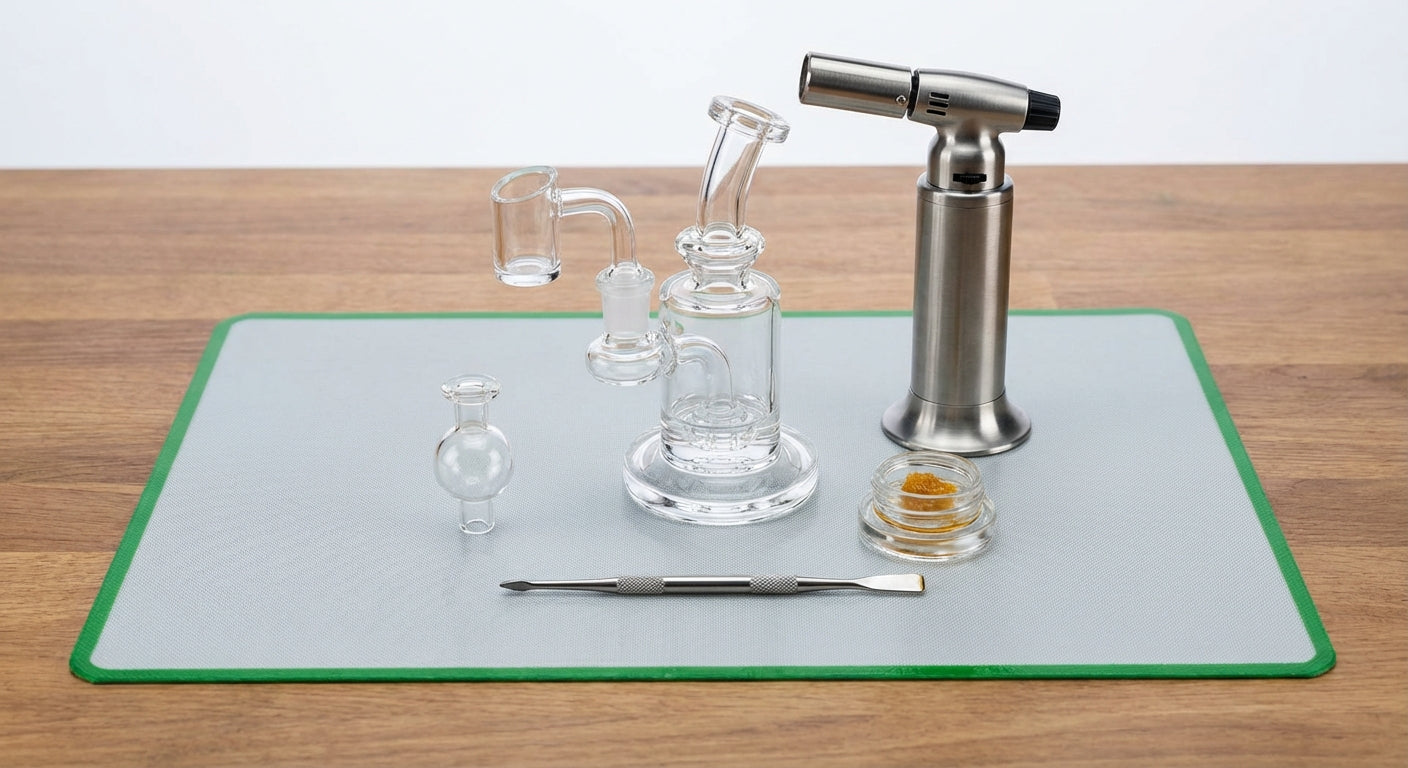 A clean beginner dab setup on a silicone dab mat: mini rig, torch, carb cap, dab tool, and gram of concentrate