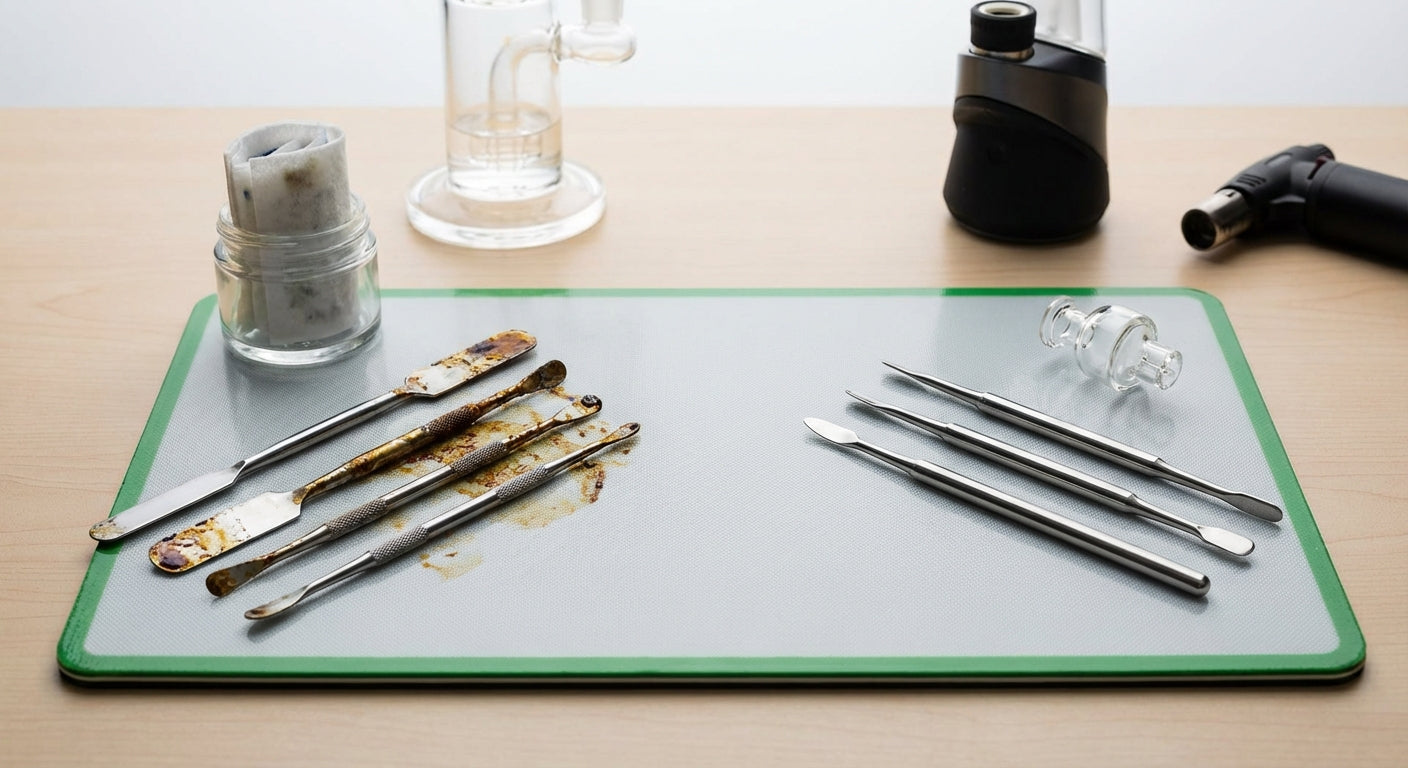 Close-up of dirty dab tools next to freshly cleaned tools on a silicone dab mat