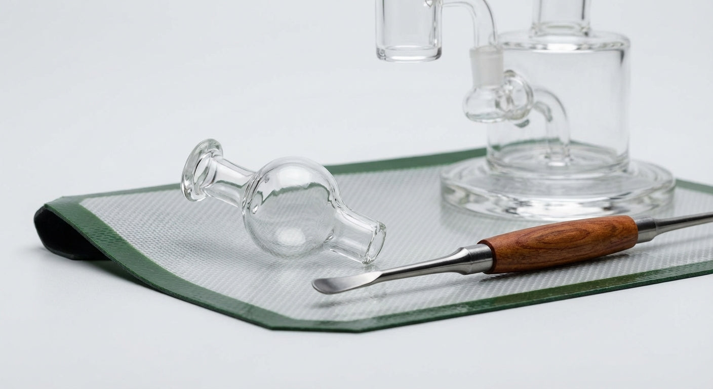 Close-up of an ergonomic carb cap and dab tool next to a dab rig on a silicone dab mat