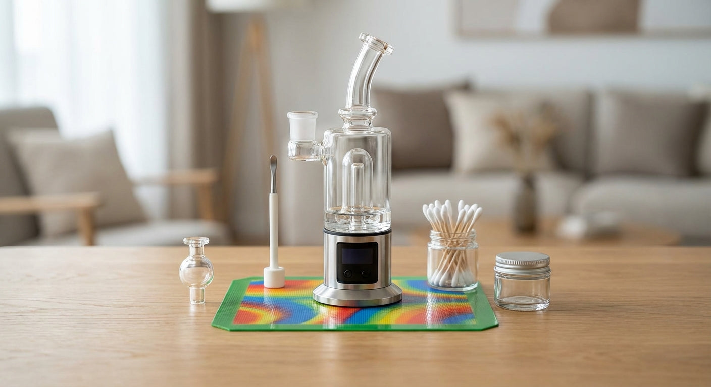 Modern dab setup with e-rig on a colorful silicone dab pad, tools neatly organized around it